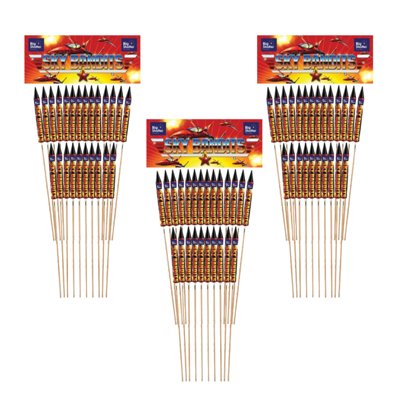 Sky Bandits multi-effect rockets with colorful star bursts and crackling finishes.